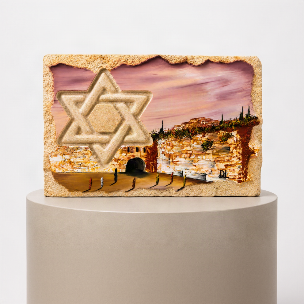 אבן הרי ירושלים - חריטת מגן דוד עם עיר דוד II