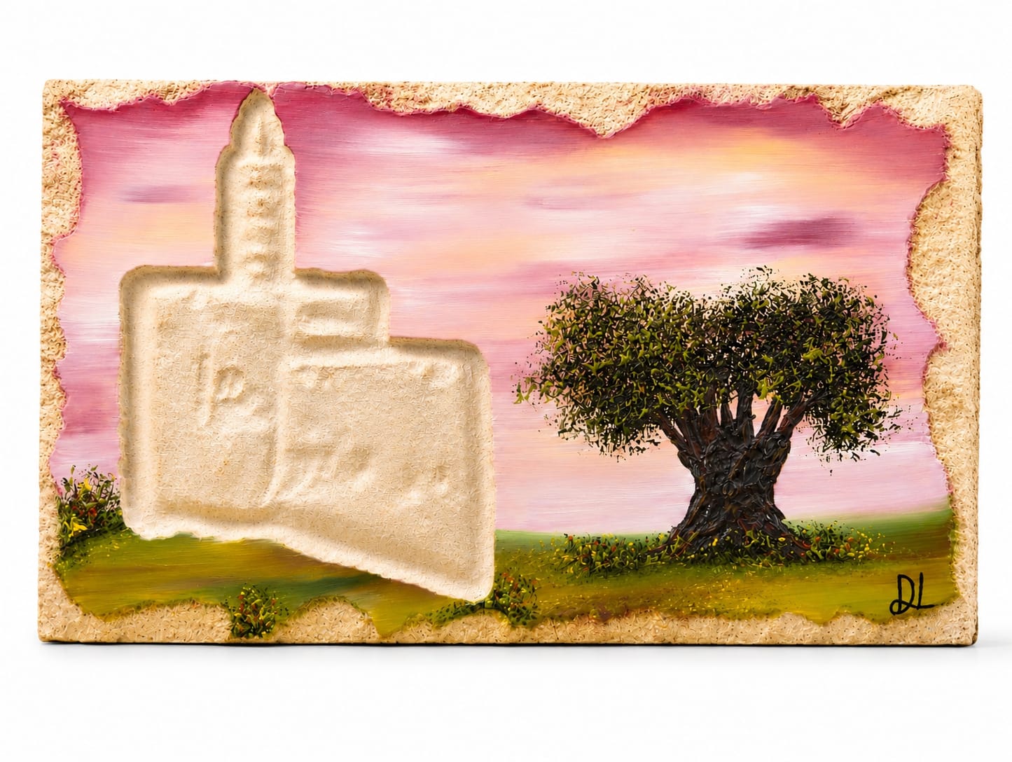 אבן הרי ירושלים - חריטת בית המקדש עם עץ זית IIII