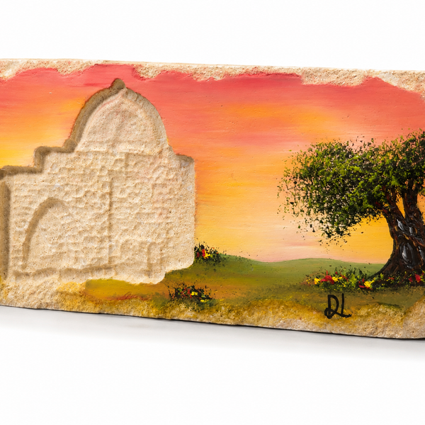 אבן הרי ירושלים - חריטת קבר רחל עם עץ זית II