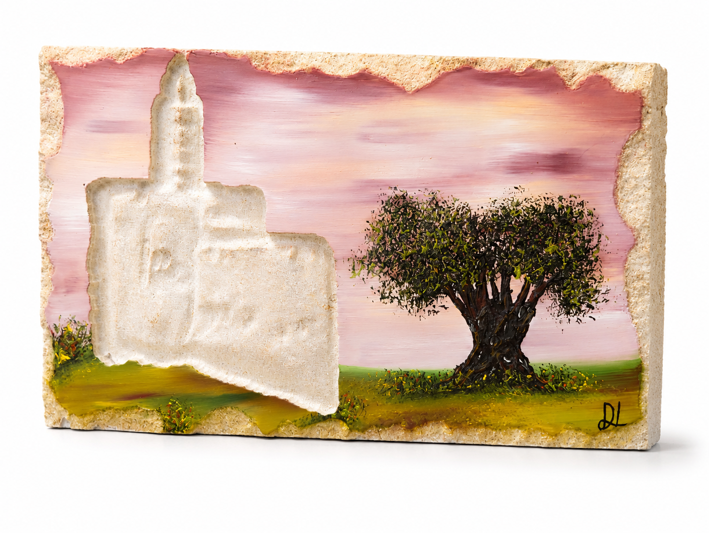 אבן הרי ירושלים - חריטת בית המקדש עם עץ זית IIII