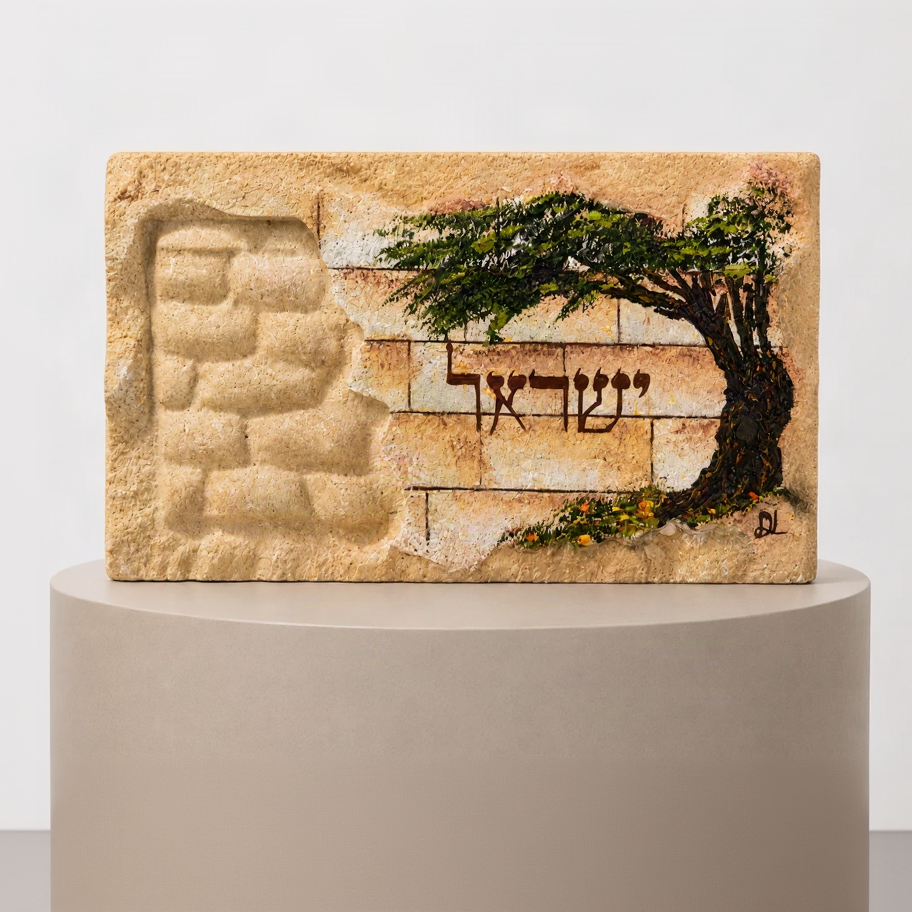 אבן הרי ירושלים - חריטת לבנים ועץ זית - ישראל