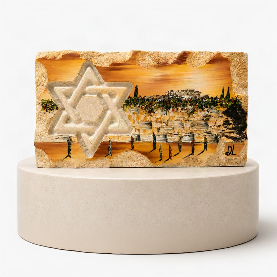 אבן הרי ירושלים - חריטת מגן דוד עם עיר דוד III