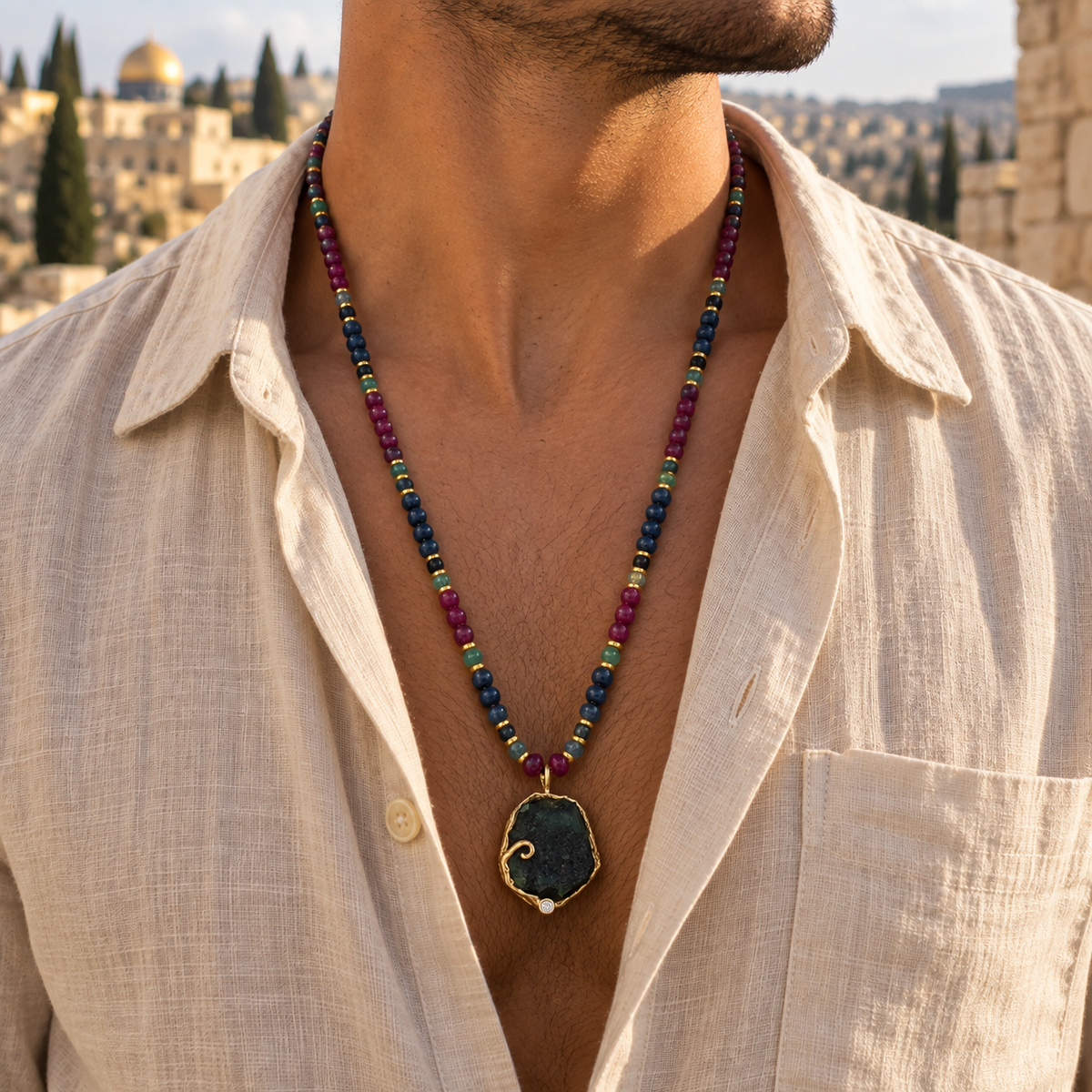 שרשרת אבן גלם אזמרגד עם יהלום