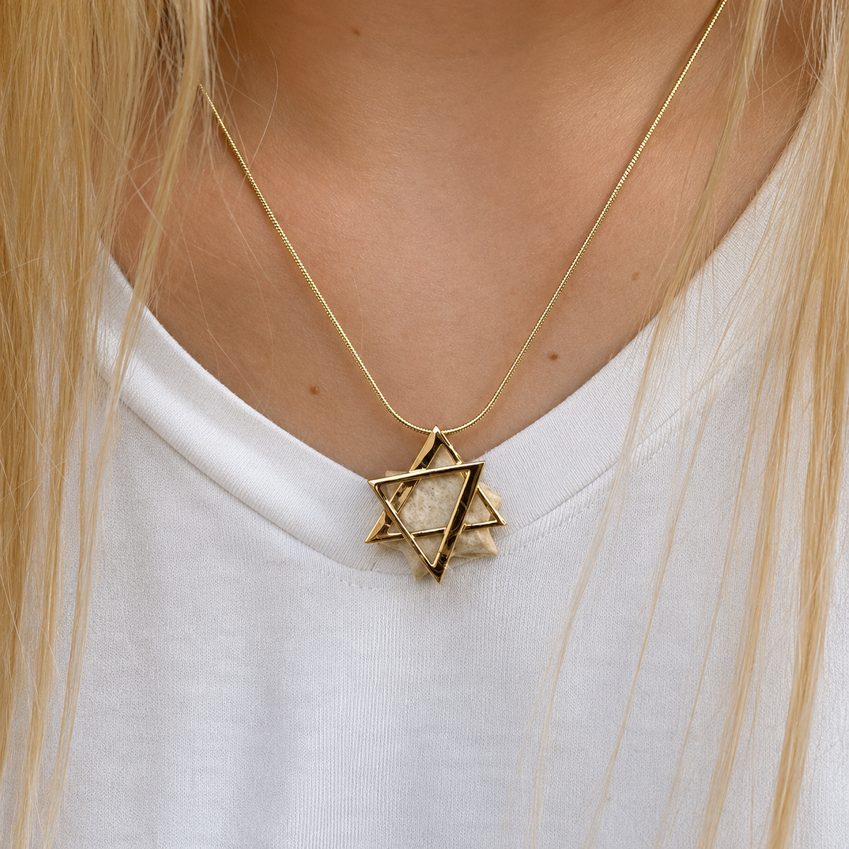 תליון מגן דוד ורמייל 14K - אבן ירושלמית מוזהבת