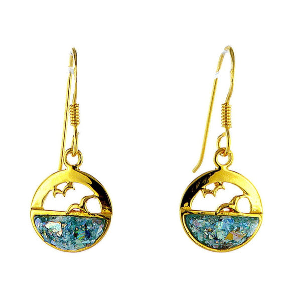 עגילים מצופים זהב 14 קרט עם זכוכית רומית