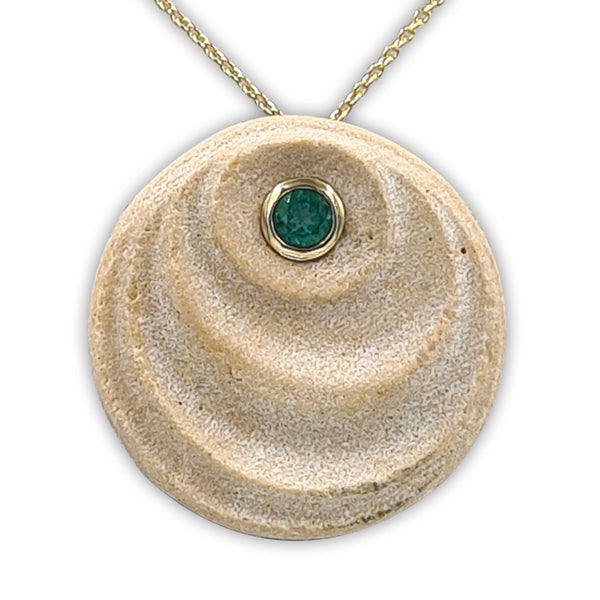 Wave14K Gold pendant - Gold Jerusalem Stone set with Emerald-Agat Art Design LTD-45,50,55,gold