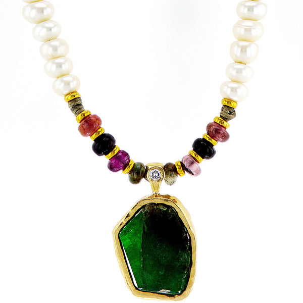 שרשרת אבן ברקת גולמית עם יהלום ופנינים