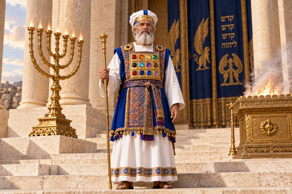 הכהן הגדול בבגדי כהונה עם חושן שתים־עשרה האבנים