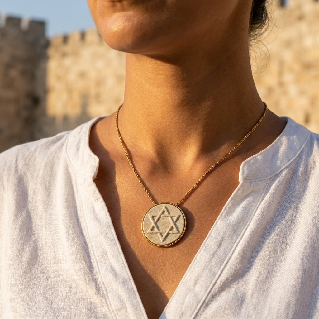תליון כוכב דוד 14K ורמייל עם אבן ירושלמית