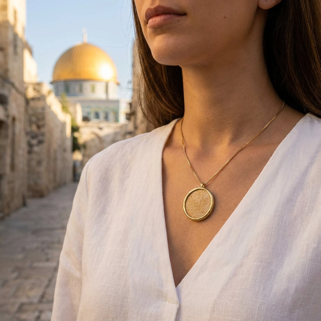 תליון מגן דוד ורמאלי 14K - אבן ירושלמית מוזהבת