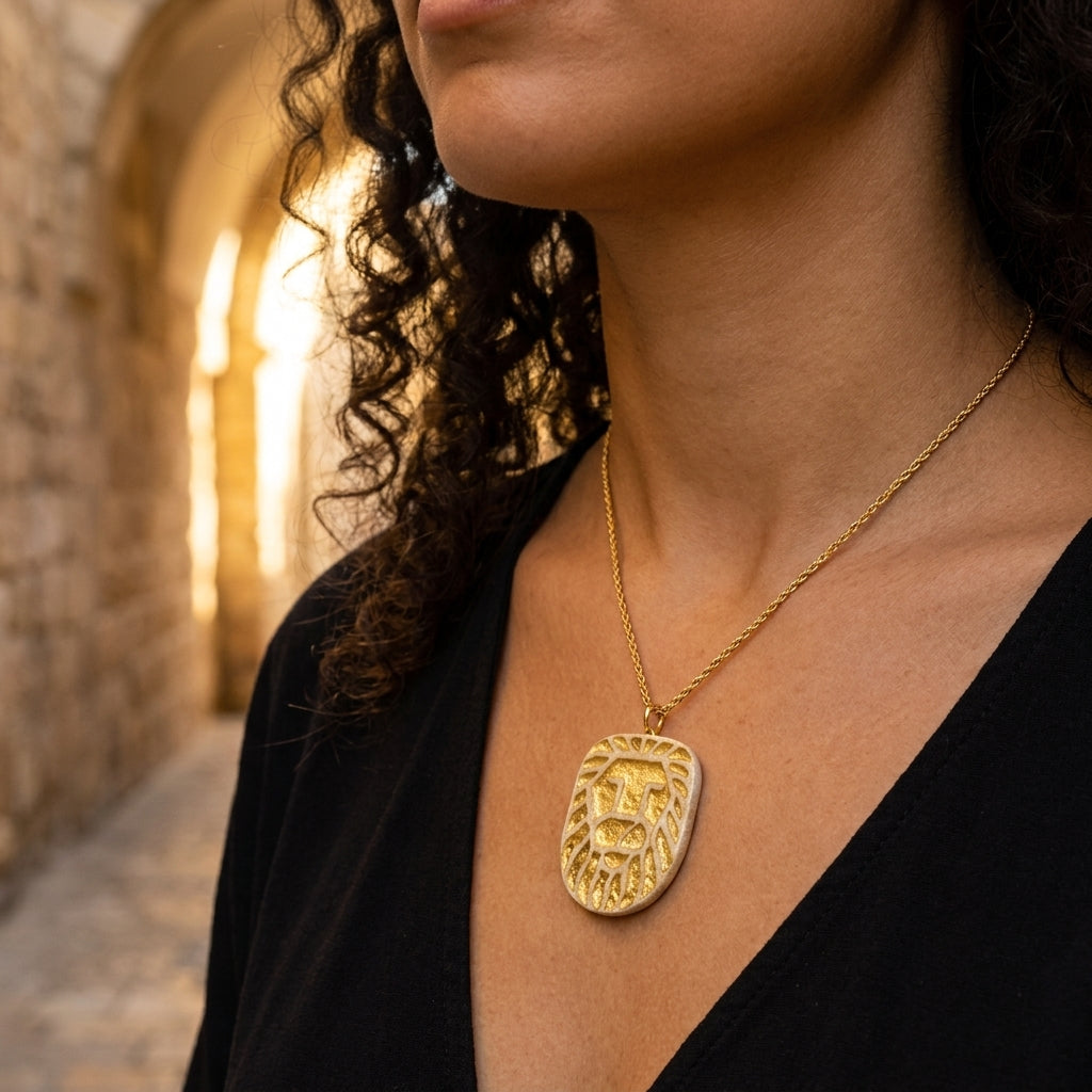 תליון אריה 14K ורמייל - אבן ירושלמית מוזהבת