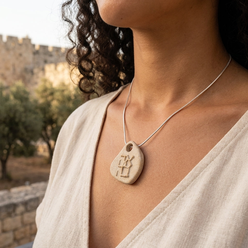 "אהבה" תליון כסף - אבן ירושלים מוזהבת