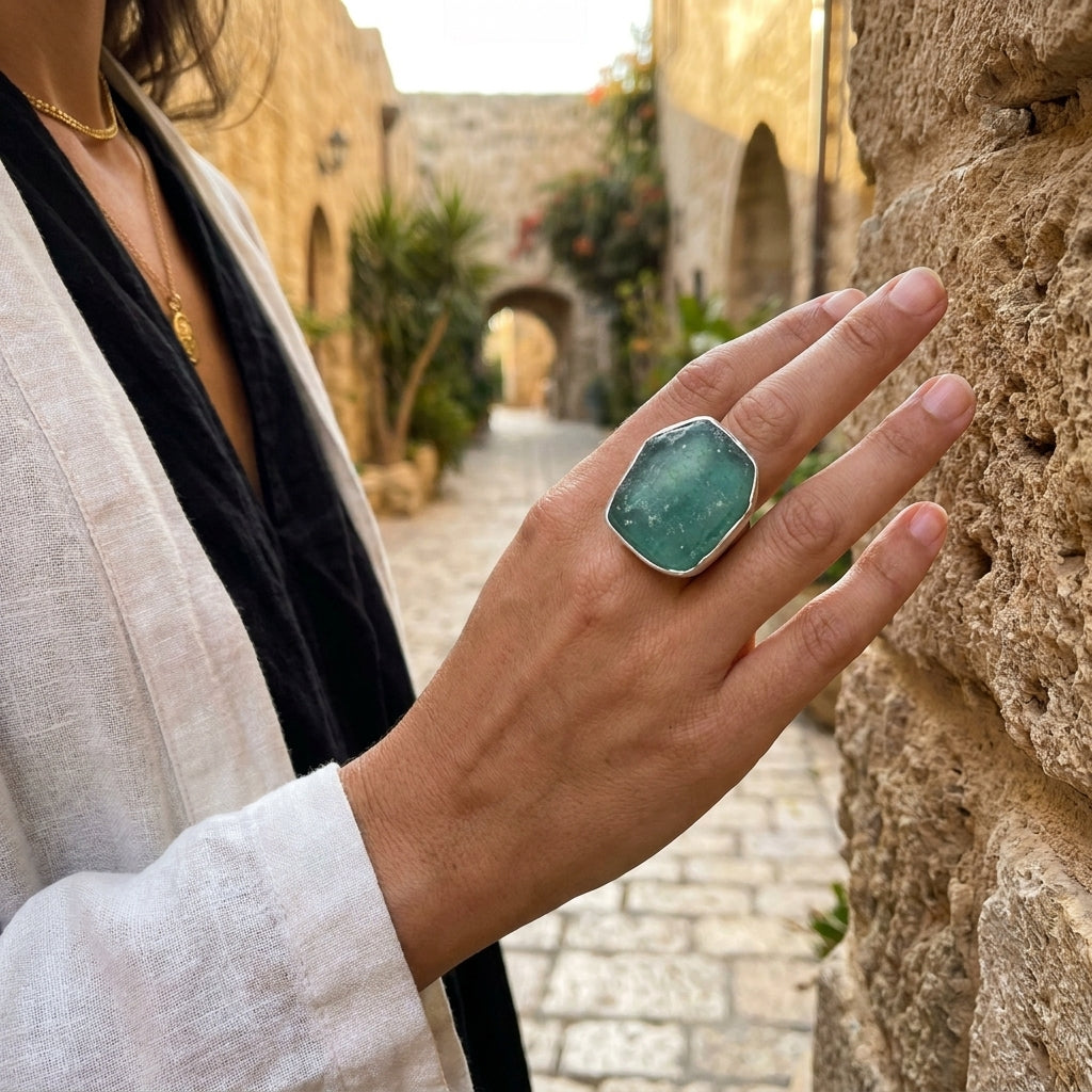 טבעת אומן מכסף סטרלינג 925 עם זכוכית רומית