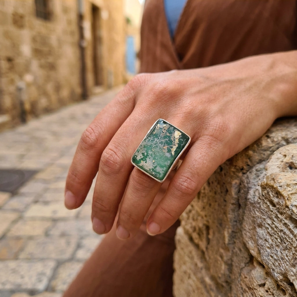 טבעת אומן מכסף סטרלינג 925 עם זכוכית רומית