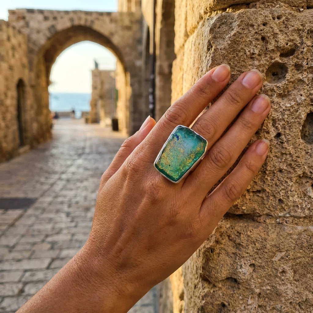 טבעת אומן מכסף סטרלינג 925 עם זכוכית רומית